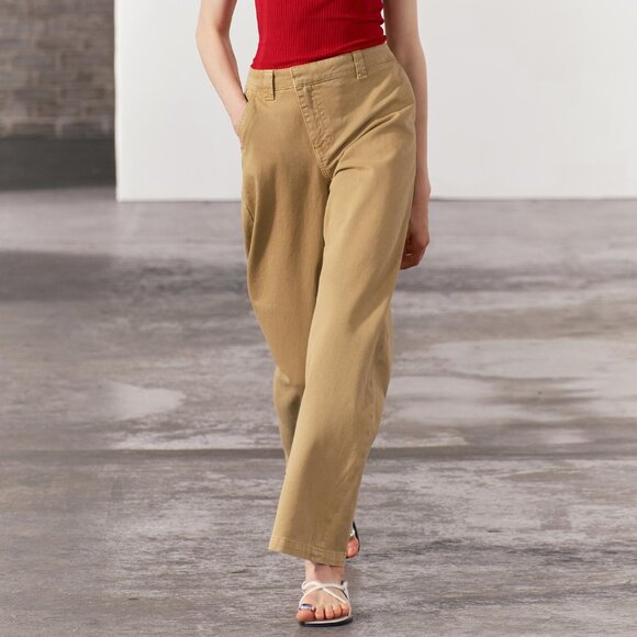 Women's Zara Asymmetrical Waist Crossover Chino Trousers Tan Size S - Picture 1 of 7